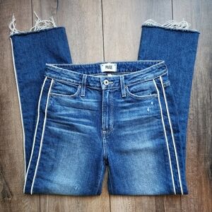 PAIGE Hoxton Straight Ankle Jeans Stripes Indigo Cream Distressed Women Size 28